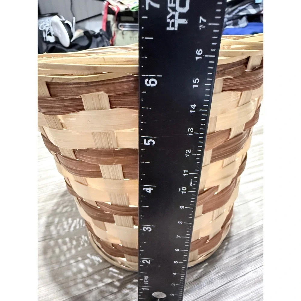 Two Tone Woven Wood Slat Round Basket Natural Brown Rustic Decor 9.5 Inch